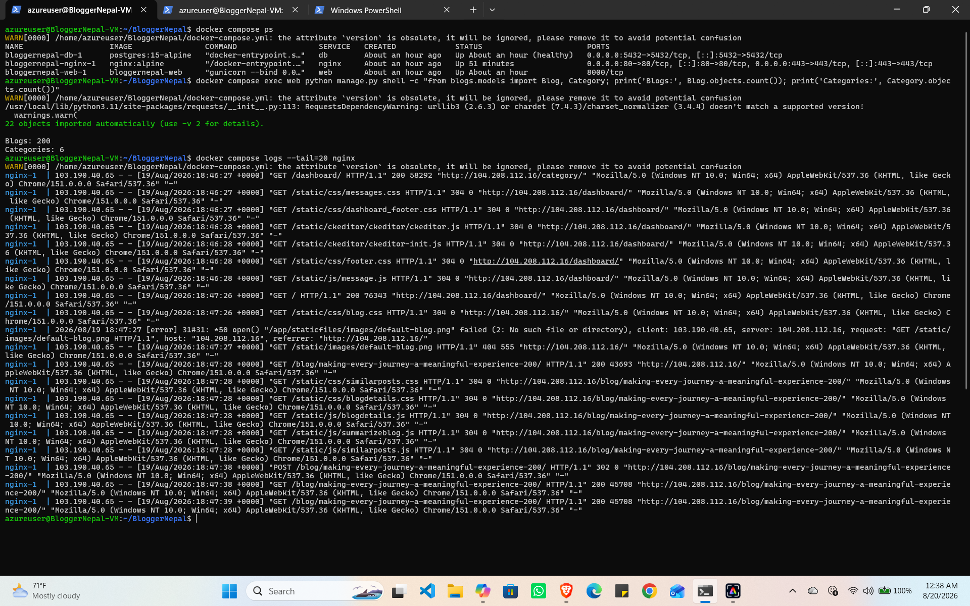 BloggerNepal Azure terminal and logs