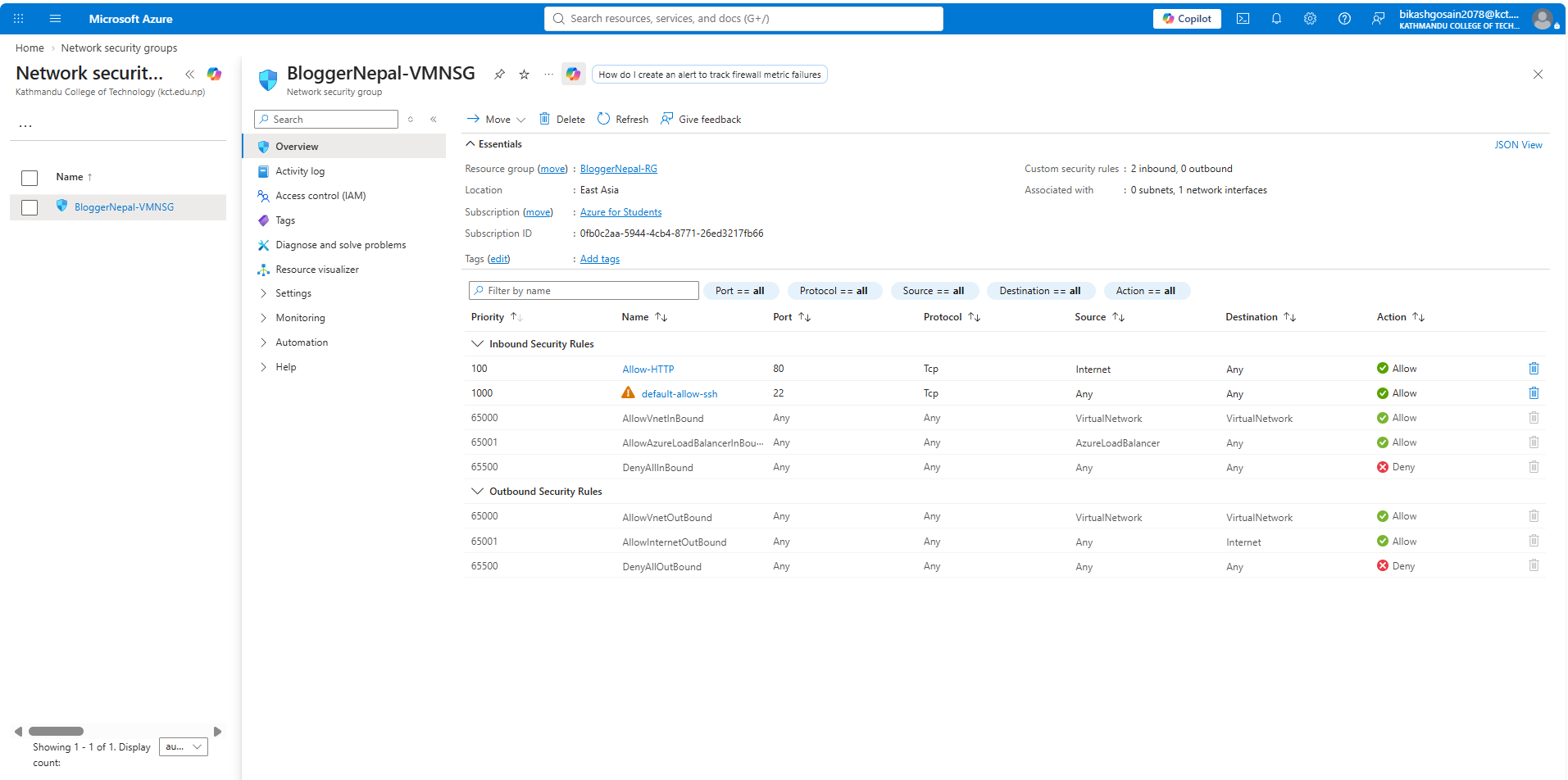 BloggerNepal Azure VM network security group
