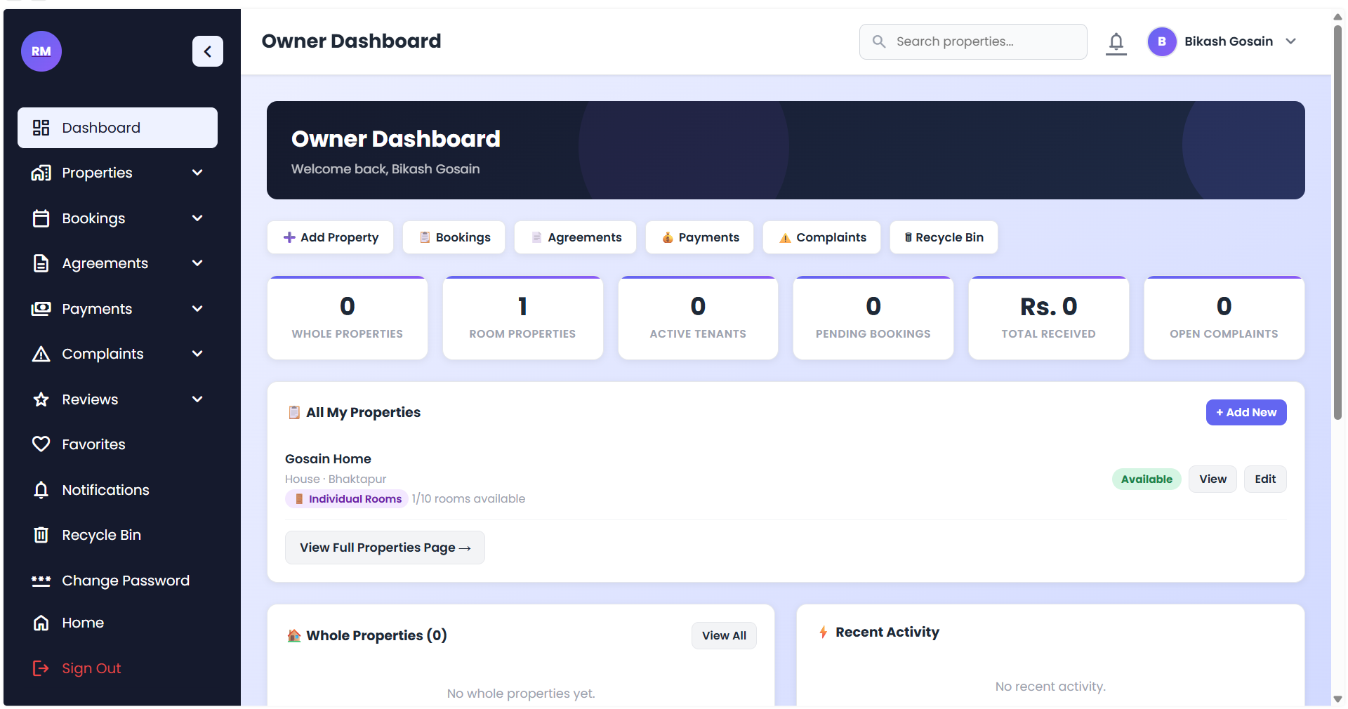RentMS owner dashboard