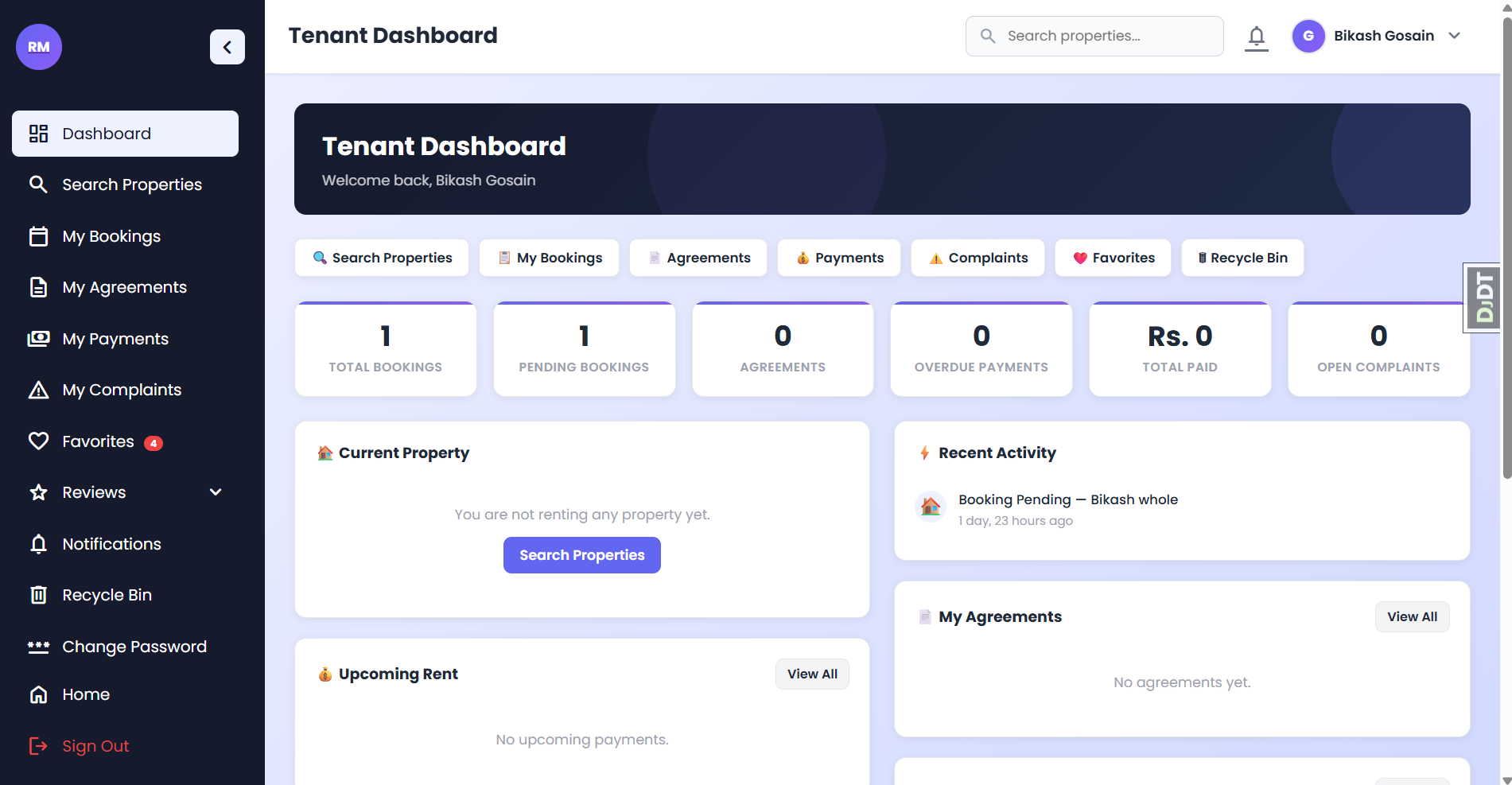 RentMS tenant dashboard