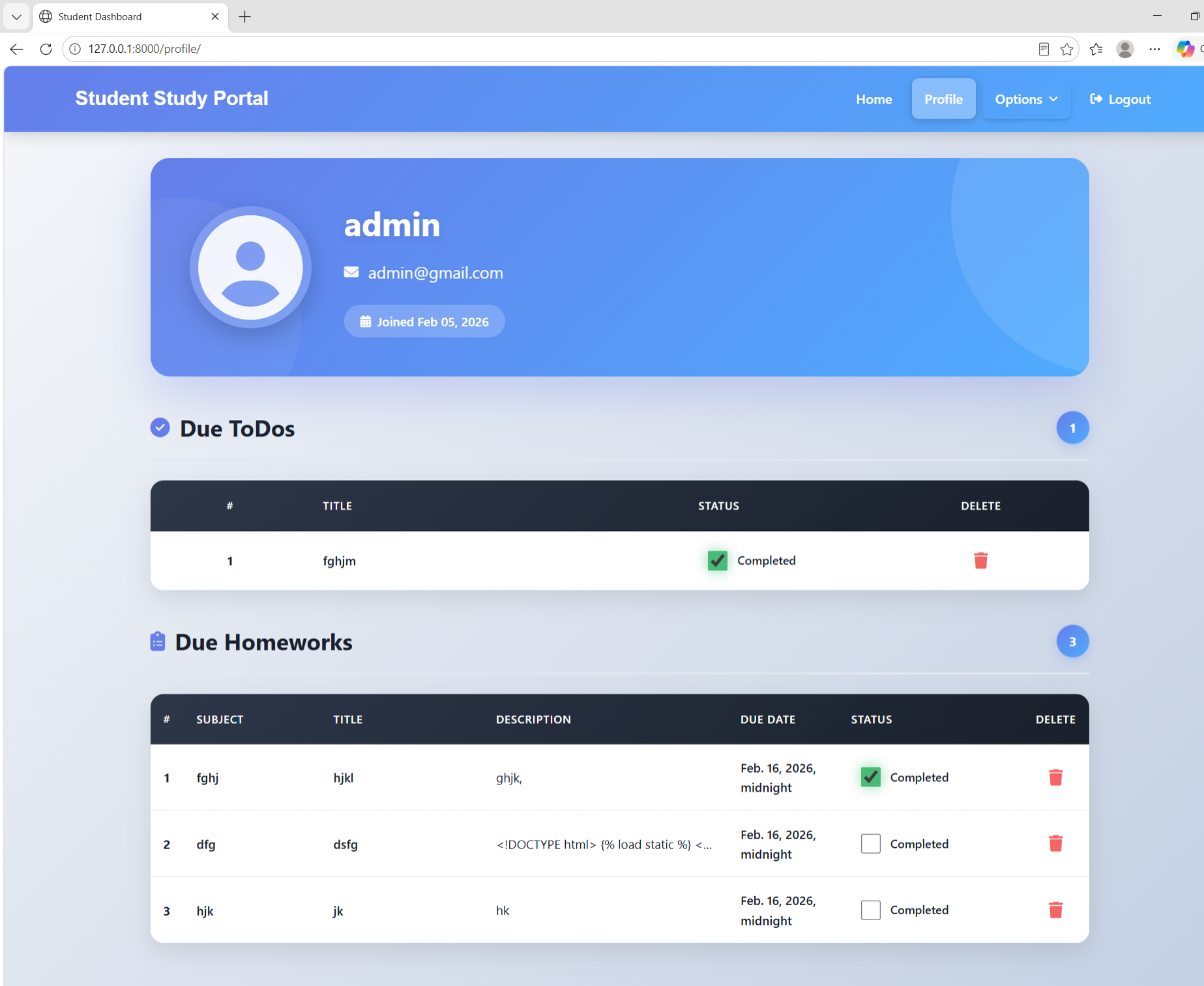 Student Portal profile page